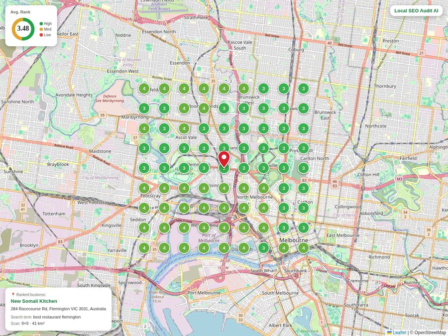 Geo grid scan for a restaurant in Melbourne showing top 4 positions across the inner city